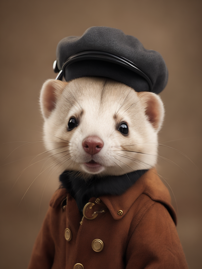A charming photo of a small anthropomorphic ferret. He is wearing a newsboy cap and has a very long torso masterpiece, ultra-quality, hyperrealistic, RAW photo, highly detailed, 4k, medium shot, cinematic photography, natural texture, action shot, XF IQ4, 150MP, 50mm, ISO 1000, 1 250s, natural light