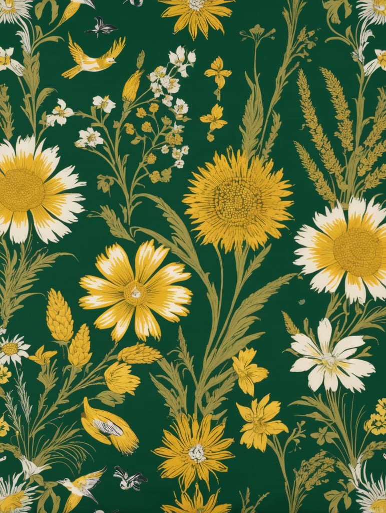 Fabric design for a bedspread with elements of wheat, flowers and birds in yellow, white, green colors