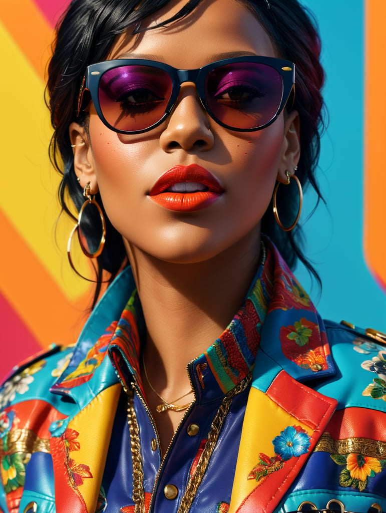 Rihanna wearing a brightly patterned jacket and wayfarer glasses, Vivid saturated colors, Contrast color