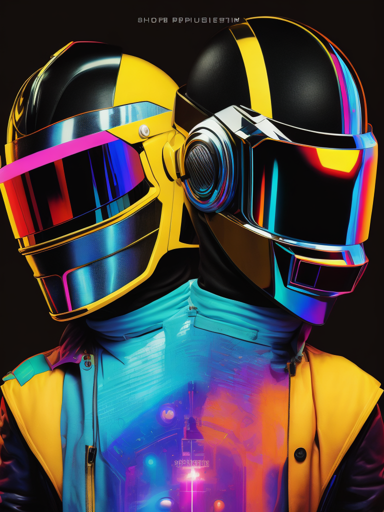 Portrait of daft punk, ultra realism, super detailed, neon colors, magazine cover, professional shot, magazine photography, bright saturated colors, sharp focus, highly detailed