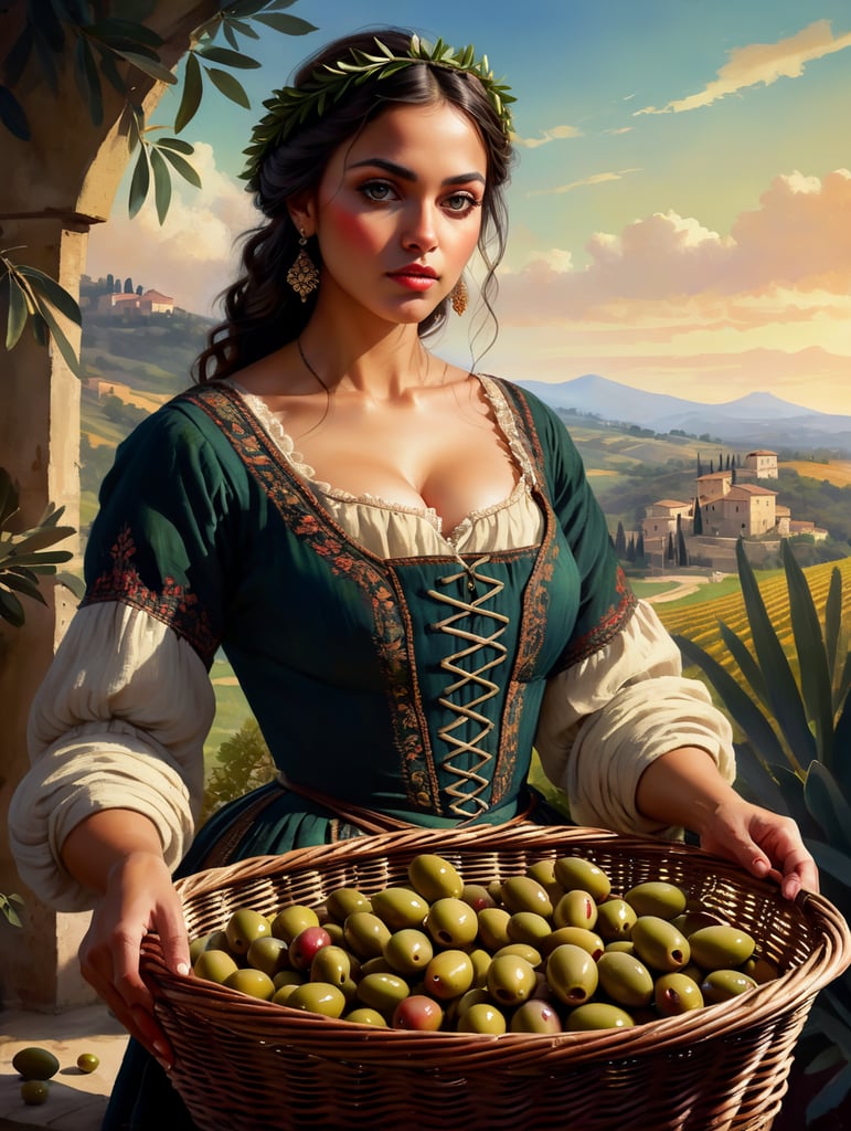 Portrait of a young, dark and beautiful Italian girl growing green olives from Sicily in 17th century Italian folk peasant clothing with low cut and full breasts, dramatic lighting, depth of field, olive gardens with clearly and regularly defined shapes in the background. The olives should have a beautiful, even structure. Incredibly high detail watercolor illustration. holding a basket of olives in your hands, a wicker basket with the correct texture, olives in a basket of the correct texture with beautiful berries.