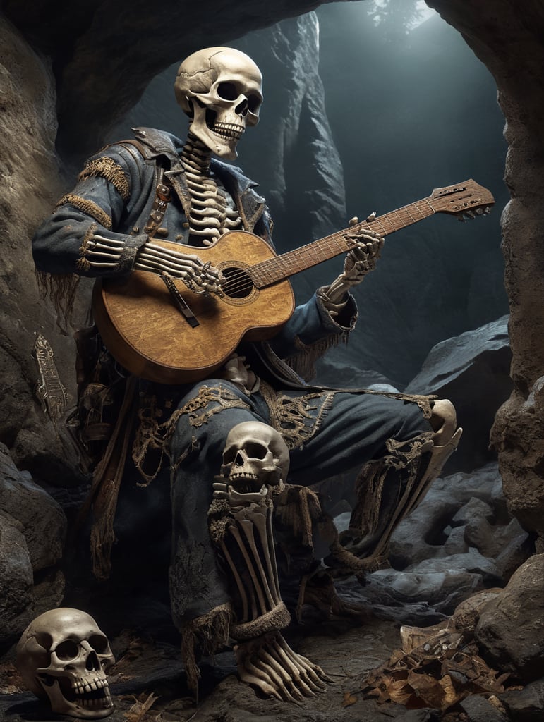 skeleton in mountaineer's clothes, playing the guitar, old skull illustration