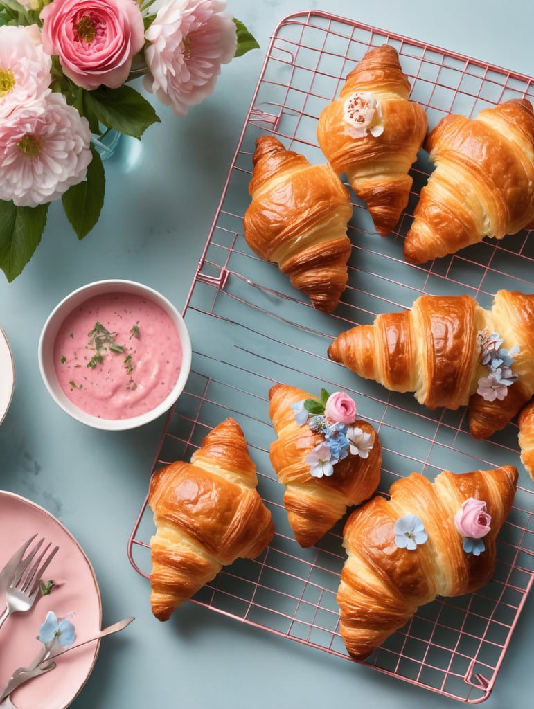 Cookbook photo, top - view, wire cooling rack, croissants, with a floral, allow, banner, pink and pastel blue, farmcore