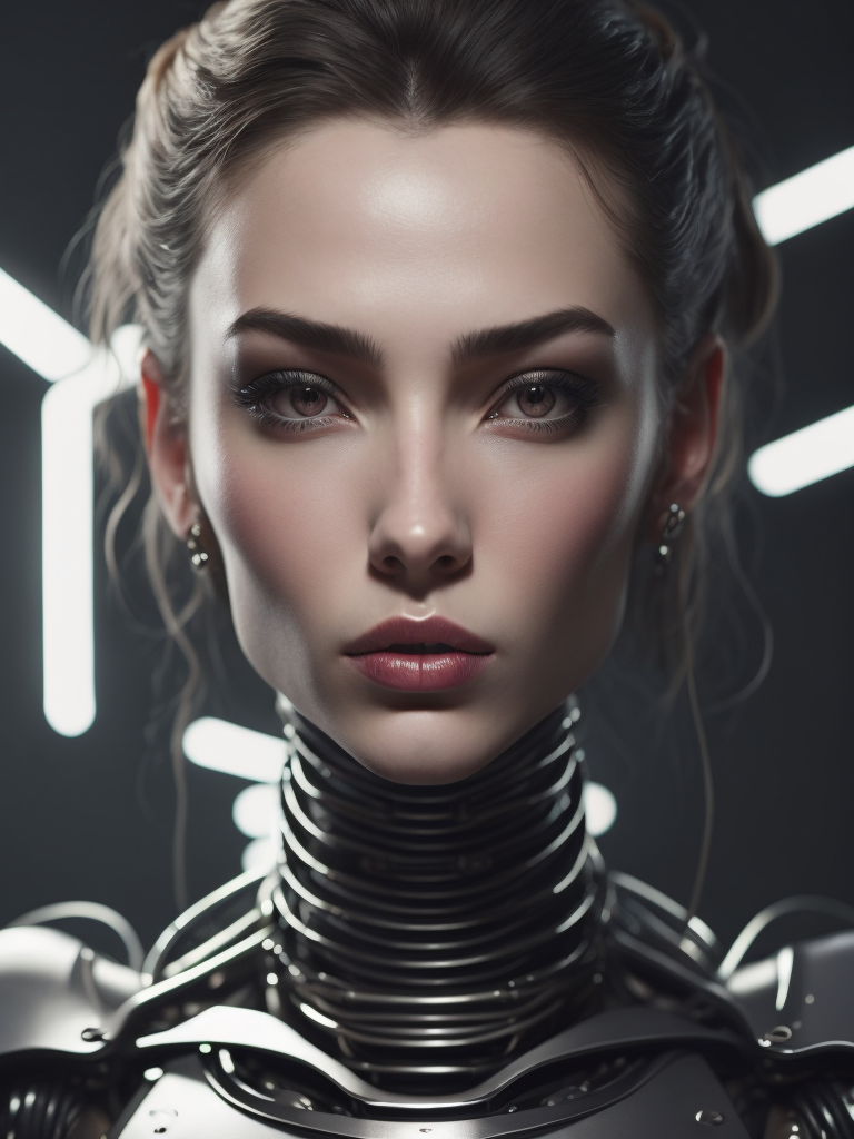 Portrait of a robot girl, enormous lips, transparent neck, porcelain face and head, robotic parts, cyberpunk, cable electric wires, hyperrealistic, fantasy, octane render, intricate, concept art, professional studio lighting