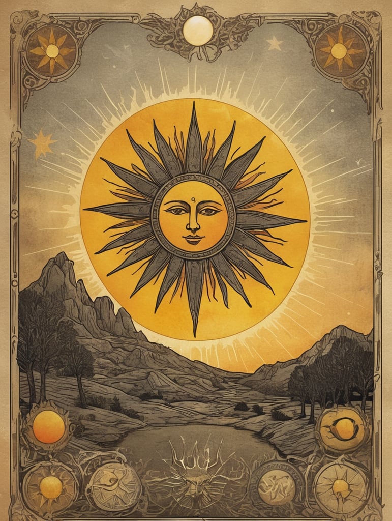 Tarot card , “the Sun”, rustic, fantasy, traditional tarot layout