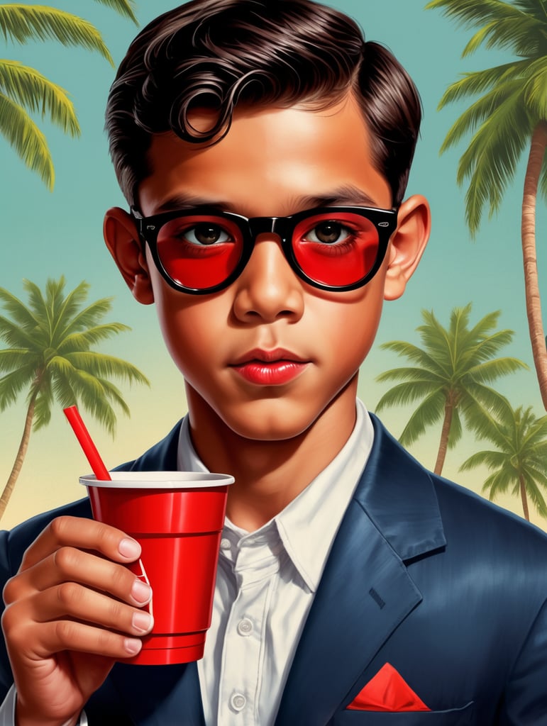 Miami young boy holding a red cup, poster-style drawing and illustration representing the iconic pulp style.