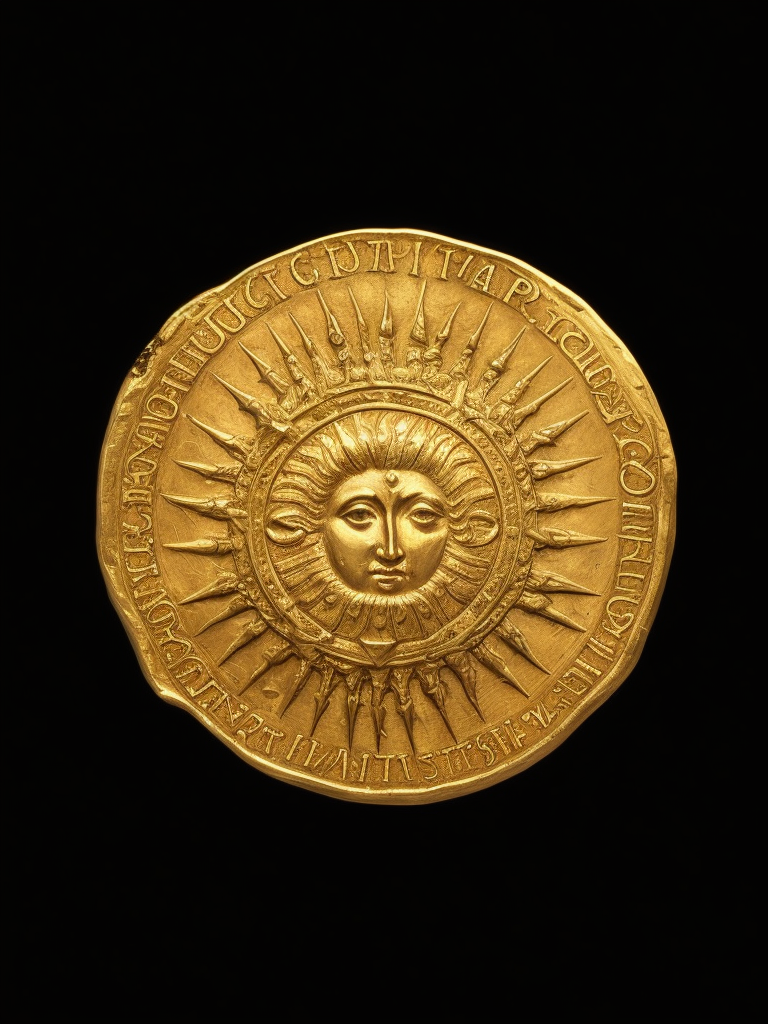 ancient gold coin with sun, carved gold