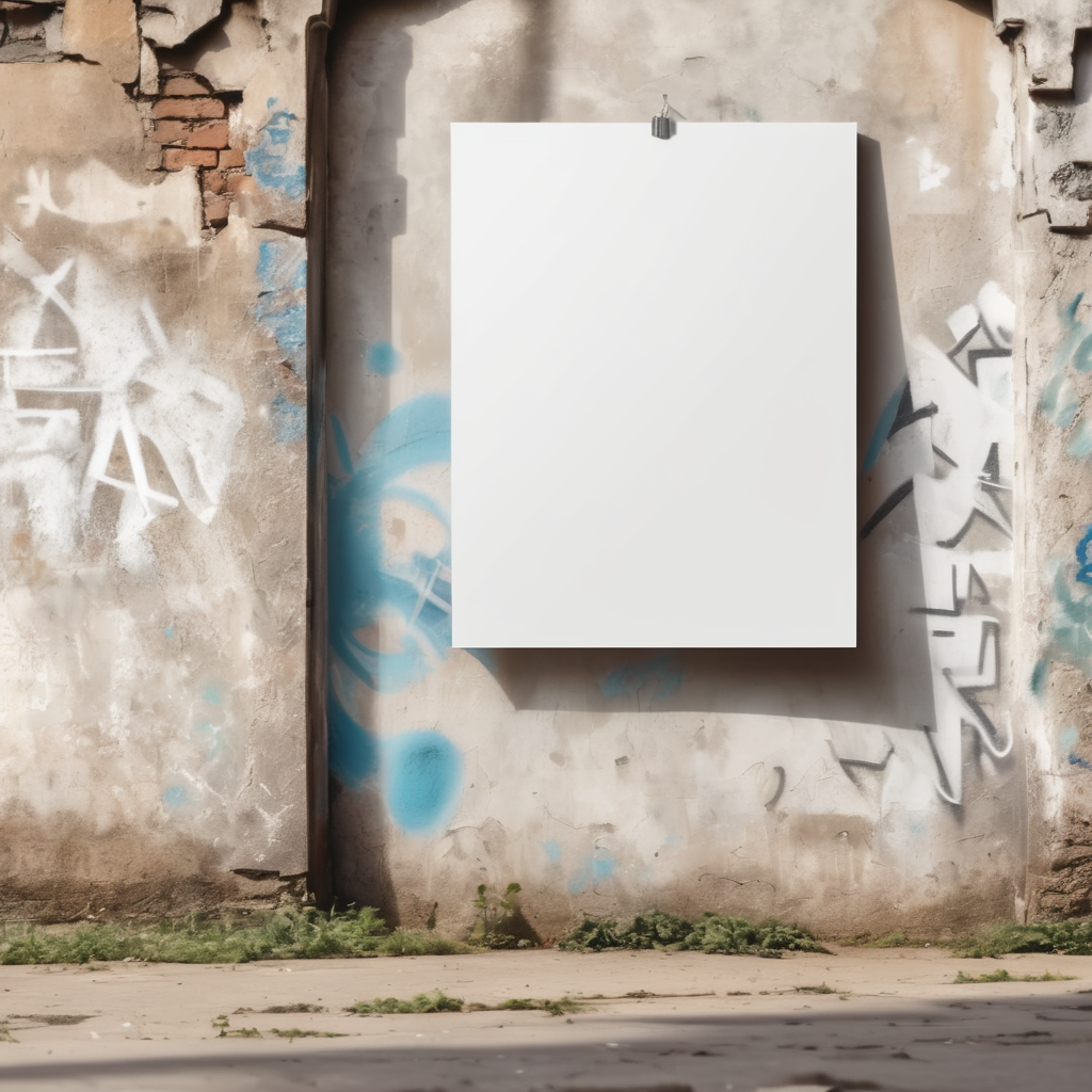 a white blank poster hangs on an old shabby wall with graffiti, the corner of the poster is bent, people are blurred, daylight, mockup, mock up