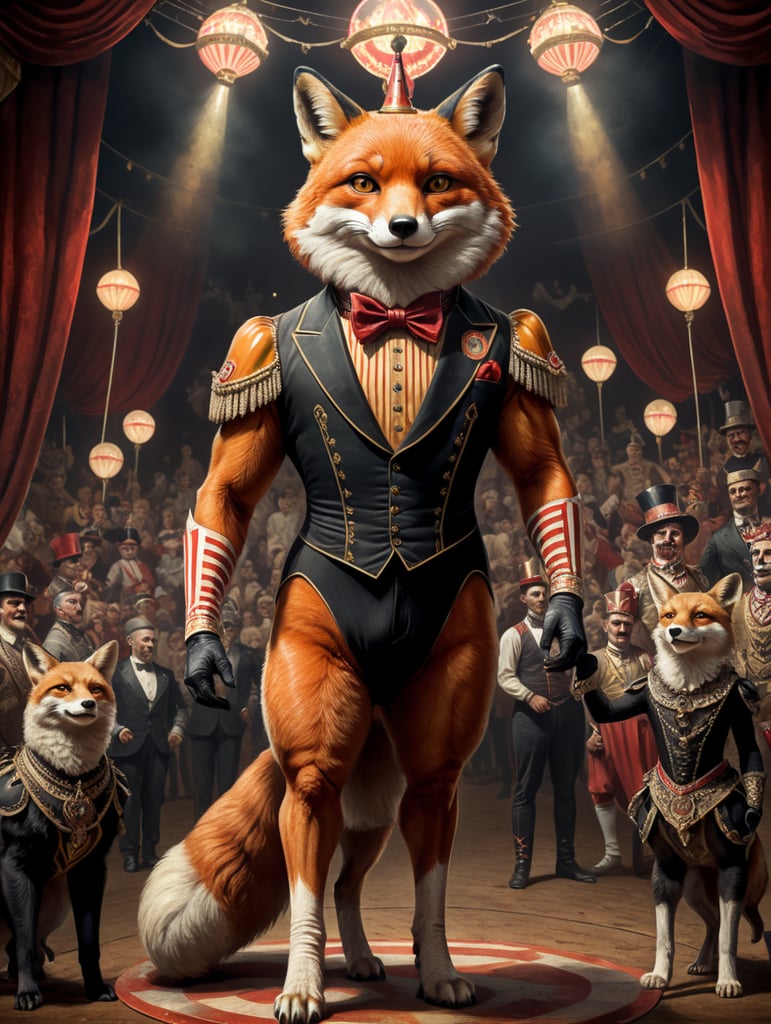 Vintage style circus sideshow poster of a full body anthropomorphic fox