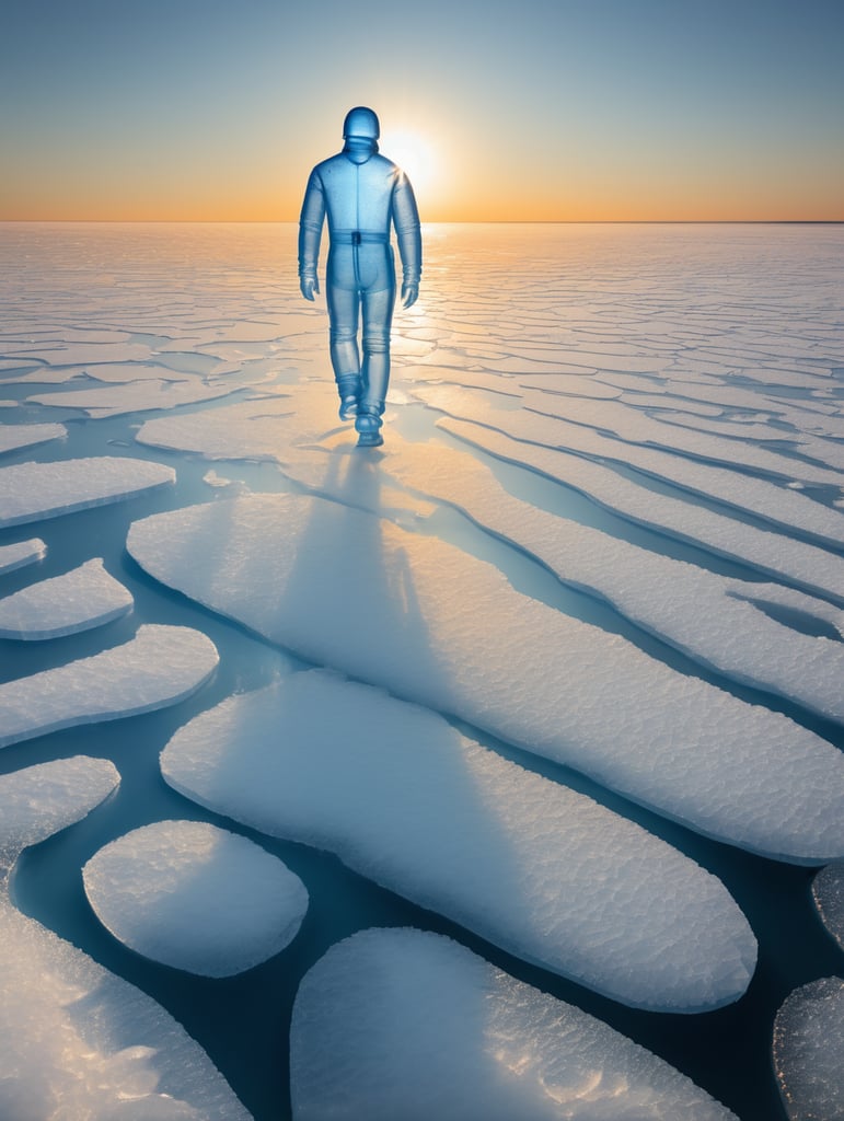Translucent man made from the ice, walking on the surface of the sun