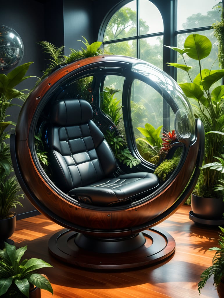 Futuristic sci-fi pod chair, flat design, product-view, exclusive photography, transparent orb, natural lighting, plants around, natural daytime lighting, natural wooden environment