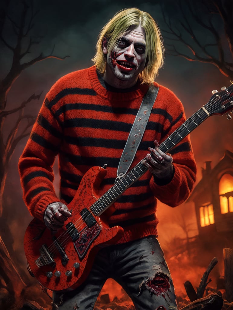 Kurt Cobain as a zombie wearing a red sweater with thick black stipes, playing a guitar, Halloween style, Vivid saturated colors, Contrast color