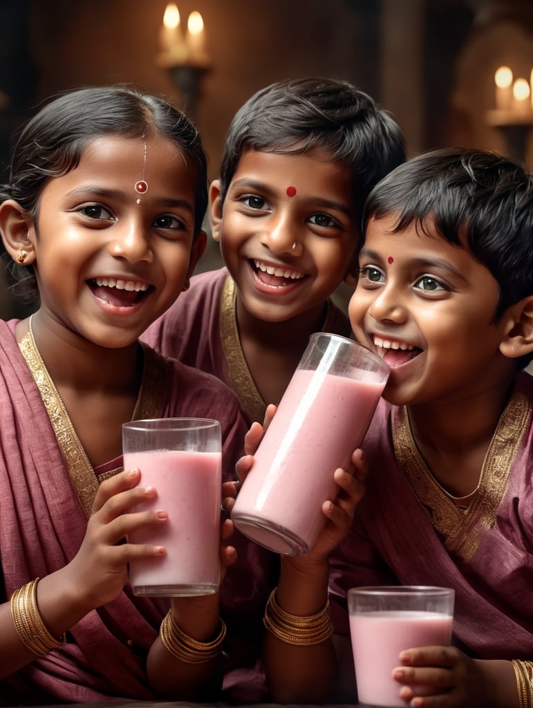 2 south Indian kids drinking rose milk with a happy face