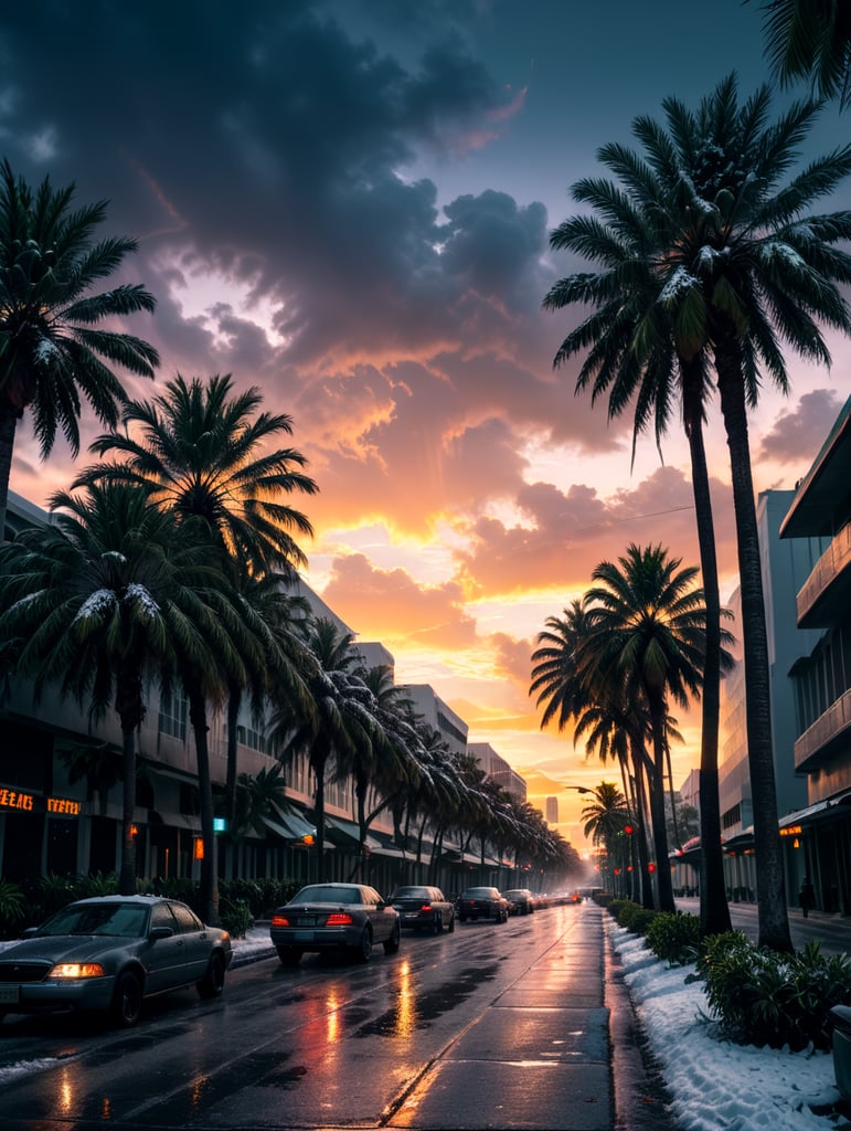 Snowy Downtown Miami sunset in the winter time. Palm trees with snow on the leaves.