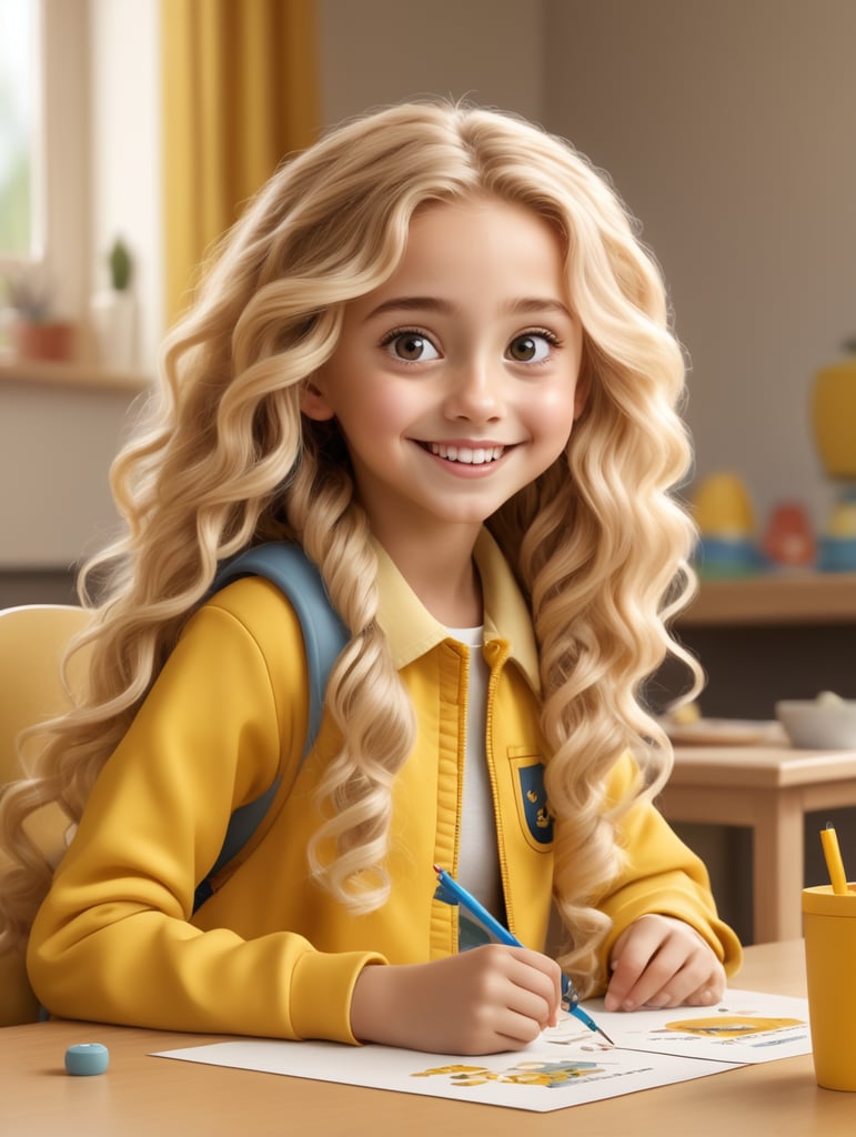 young girl doing creative work sitting,creative and kind-hearted personality with long curly blonde hair, big eyes, small nose and smiling mouth, in 3D style, wearing yellow clothes, rendered using beautiful Disney animation, Pixar style, Disney style, 3D -style,sitting in full height, poster, at the table