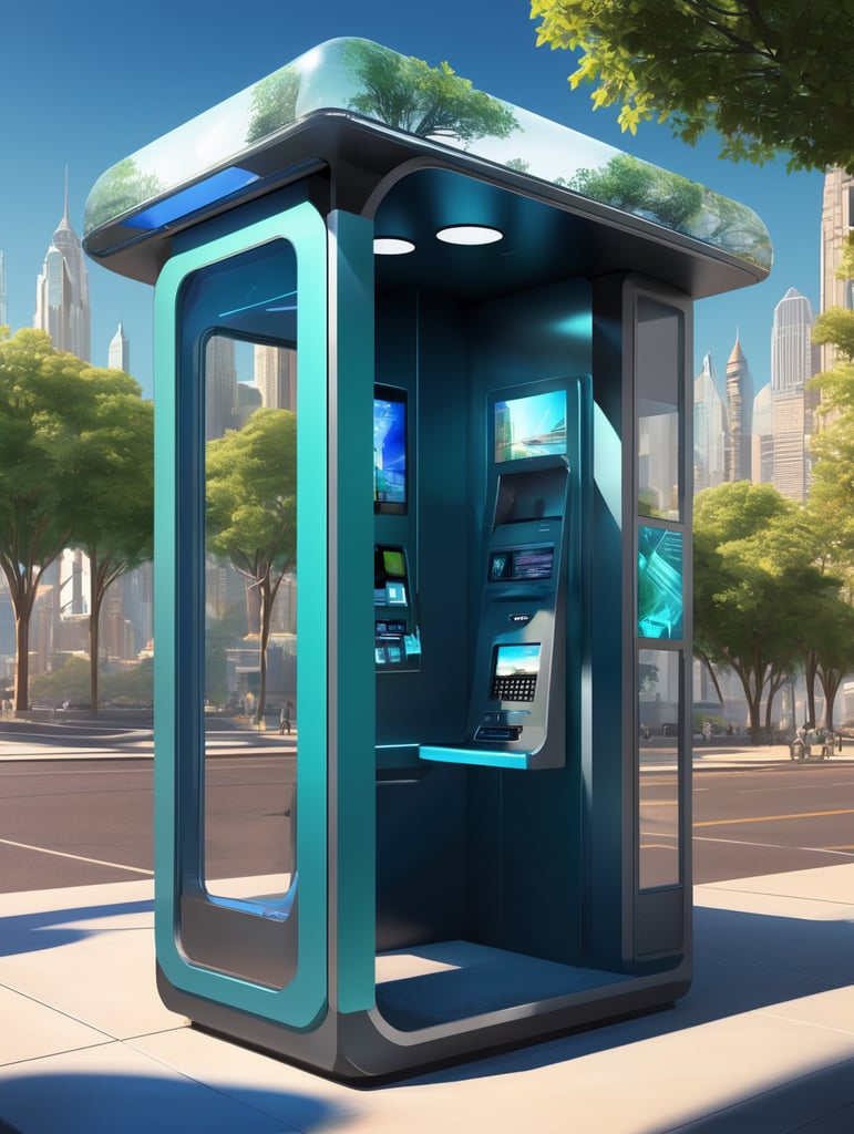 A sleek, state-of-the-art telephone booth with cutting-edge technology and solar power integration, presented through a professional digital illustration style. In the spirit of concept artist Syd Mead, this image showcases a futuristic, cityscape backdrop. The booth exudes minimalism and sophistication with its clean lines and advanced touchscreens. The color palette is a mix of cool, futuristic blues and vibrant, eco-friendly greens. Facial expressions are determined and focused, bathed in the glow of a digitally enhanced atmosphere, demonstrating the embodiment of professionalism in modern technology. --v 5 --stylize 1000