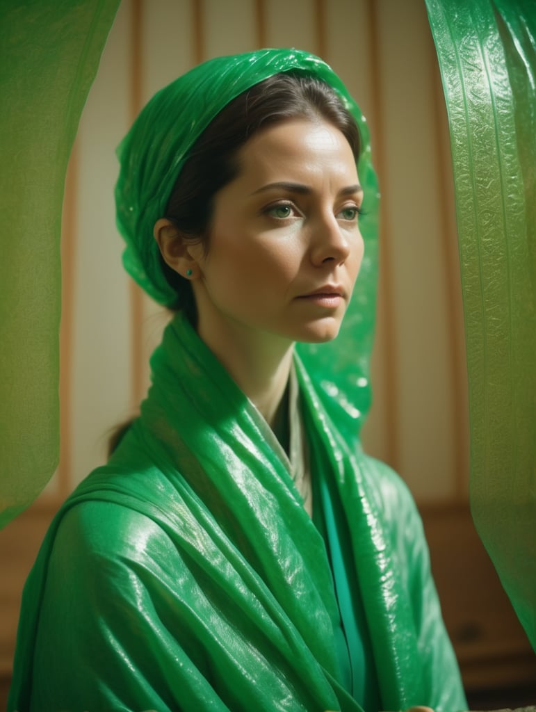 Portrait of a woman experiencing spiritual experience, wrapped green film, Wes Anderson style
