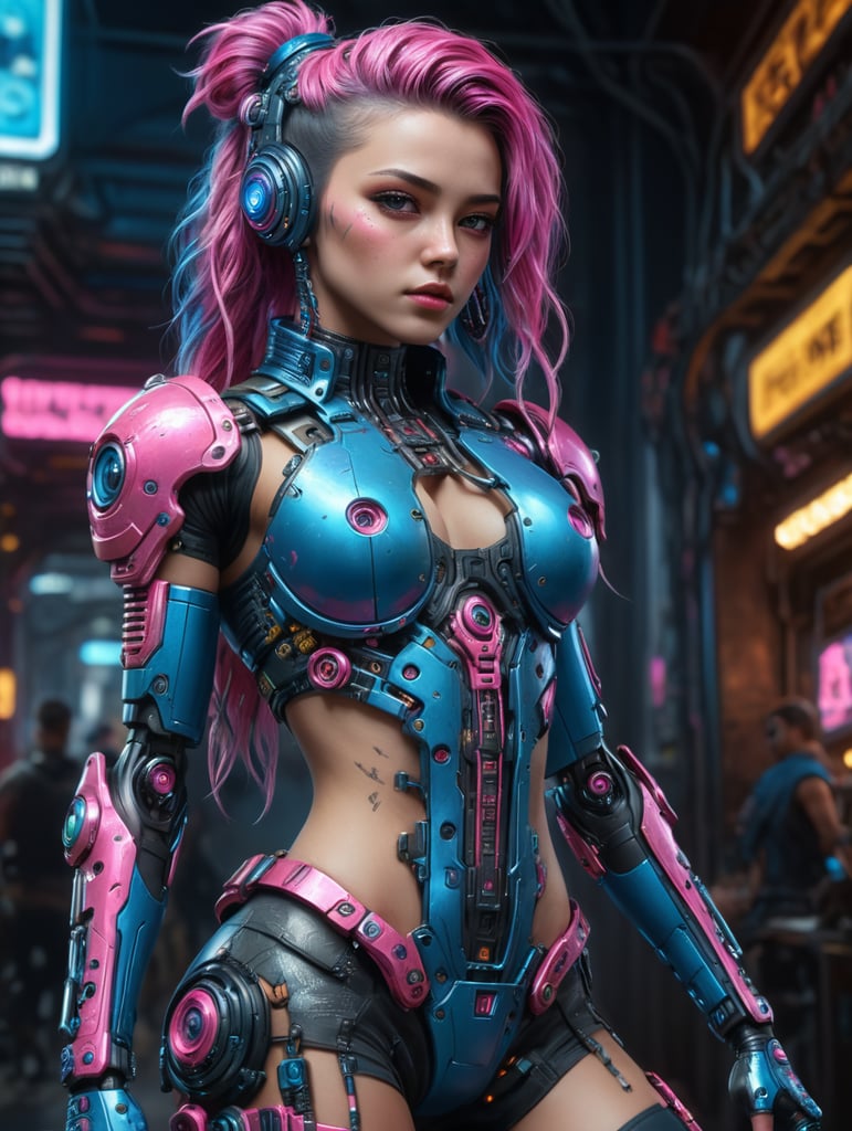 Beautiful girl cyber punk, pink and blue full body