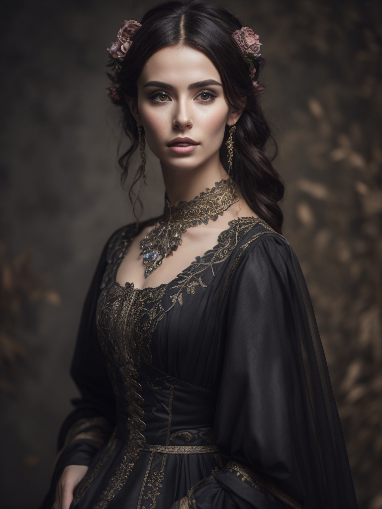 Portrait of a Beautiful women from Russian fairytale wearing traditional costume everything around black roses, deep atmosphere