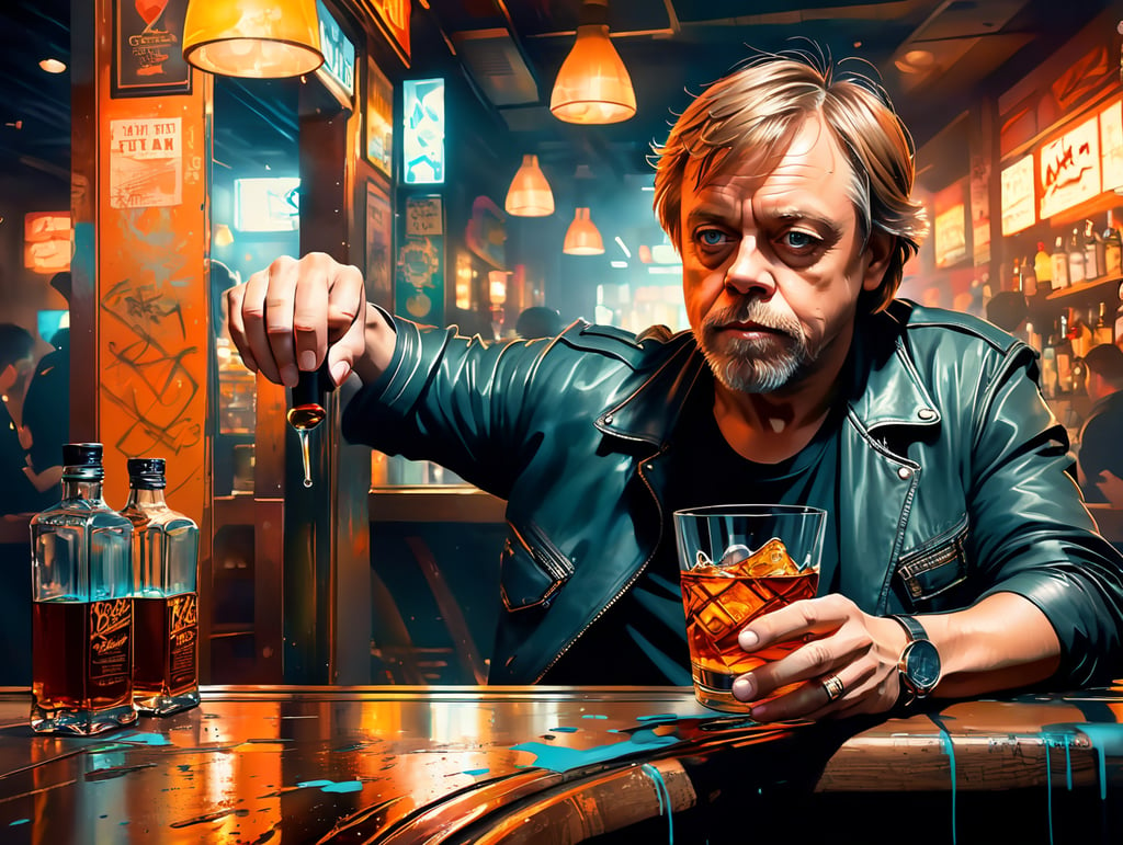 Mark Hamill down on his luck drinking scotch in a sleazy bar