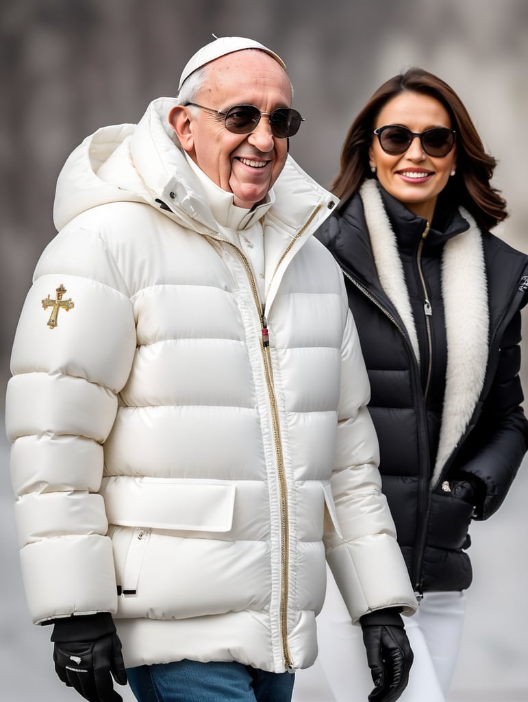 Professional photo glamour of Pope Francis looking stylish in a white puffer jacket