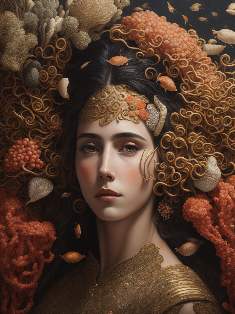 Gustav Klimt, ultafine detailed painting of a woman with corals in her hair, whimsical, detailed painting, corals,Fish and seashells around.
