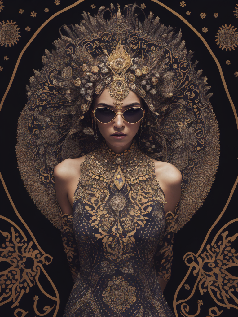 a chromogenic carbon print of a woman wearing a dress of biomorphic turing Morphogenesis made of moth, beetle, orchid, islamic patterns, penrose tiling, arabesques, Girih tiles, lattice, corals, Belousov–Zhabotinsky reaction vortex crown sunglasses, Phyllotaxis headress, pufferfish gloves, Slime mould jewelry, Meanders silver belt ornament, photograph in the style of William Eggleston, Marie Cosindas, Carolina Mizrahi, Sarah Moon,