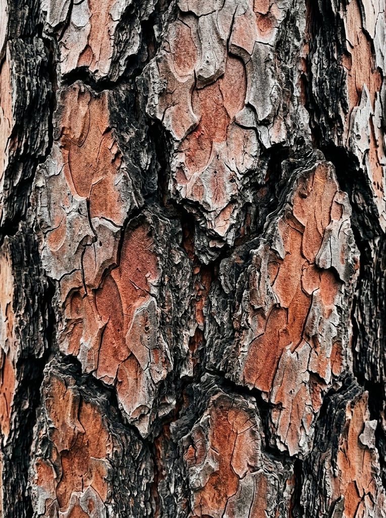 close-up macro photography of rugged tree bark, thick scaly plates separated by deep jagged fissures, interlocking puzzle-like organic shapes, weathered surface in terracotta red and silvery grey tones, deep charcoal black shadows emphasizing 3D relief, highly detailed natural abstract pattern, sharp focus, full-frame texture