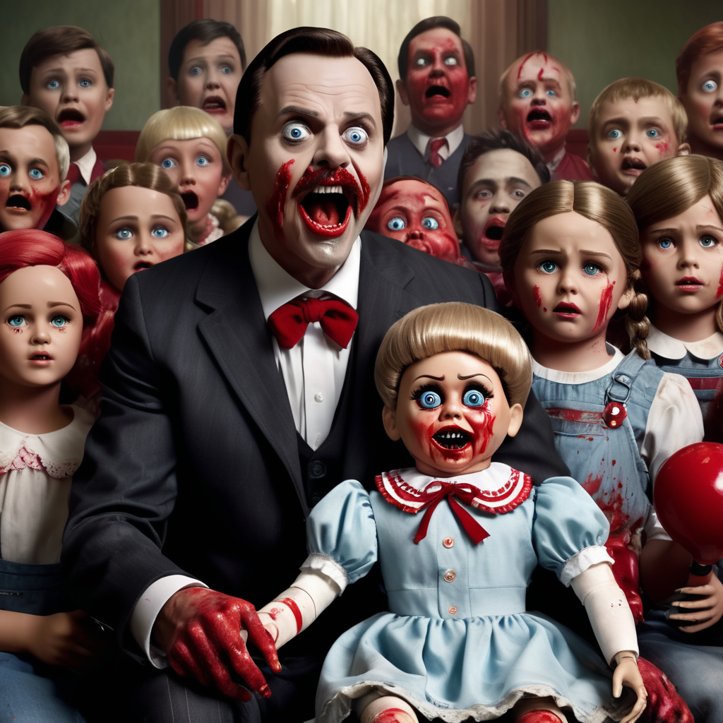 create an image of a ventriloquist and his badly made doll, the doll has become sentient and is going berserk, there is lumpy red paint everywhere, an audience of young people look on in horror, photorealistic, highly detailed