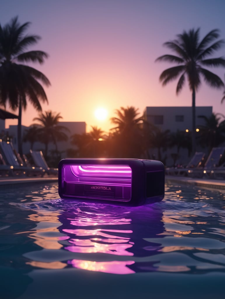 hyper realistic purple motorola pager as plastic pool float with sunlight shining through, neon palette, miami beach, unreal engine, octane render, cinematic lighting, highly detailed miami beach, y2k, bright colors, hyperrealistic, low angle, 16k, 8K UHD, 8K texture, cinematic, rim lighting, neon palette, color theory, dramatic, volumetric lighting, 35 mm, in focus, unreal engine, highly detailed, octane render, ultra high resolution