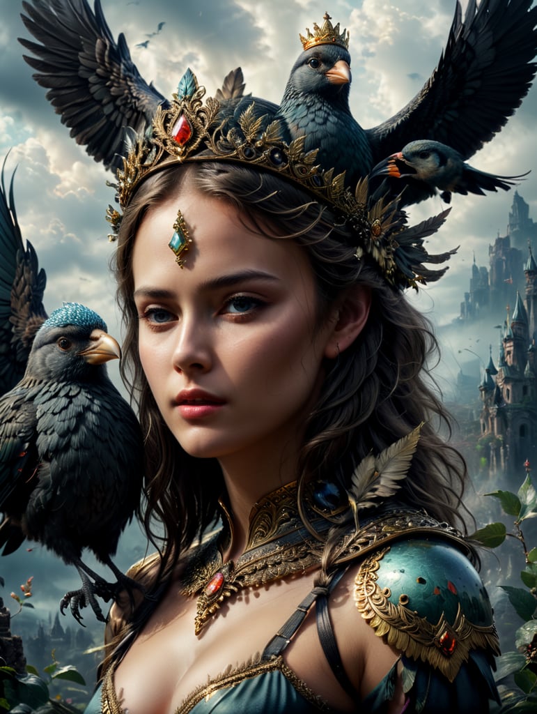 Illustration from a Russian fairy tale, a beautiful girl with the body of a bird and a crown on her head