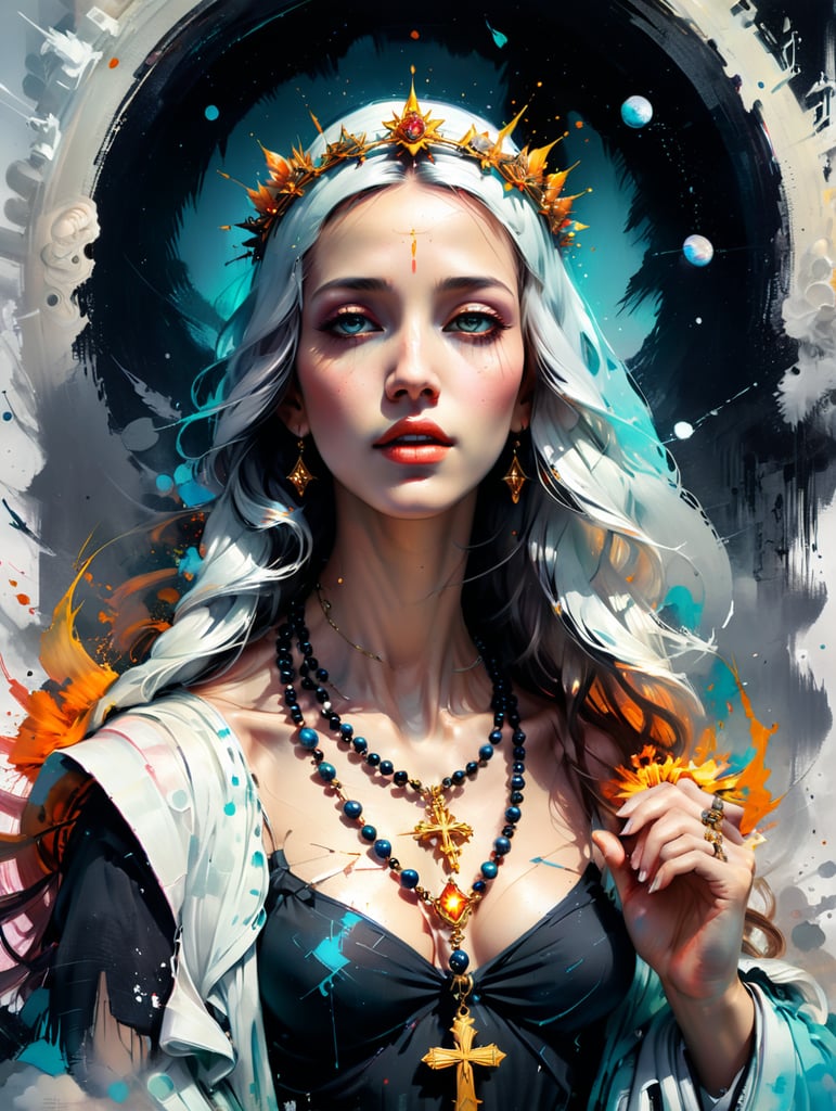 virgin mary holding a roseary necklace in the sky, black and white