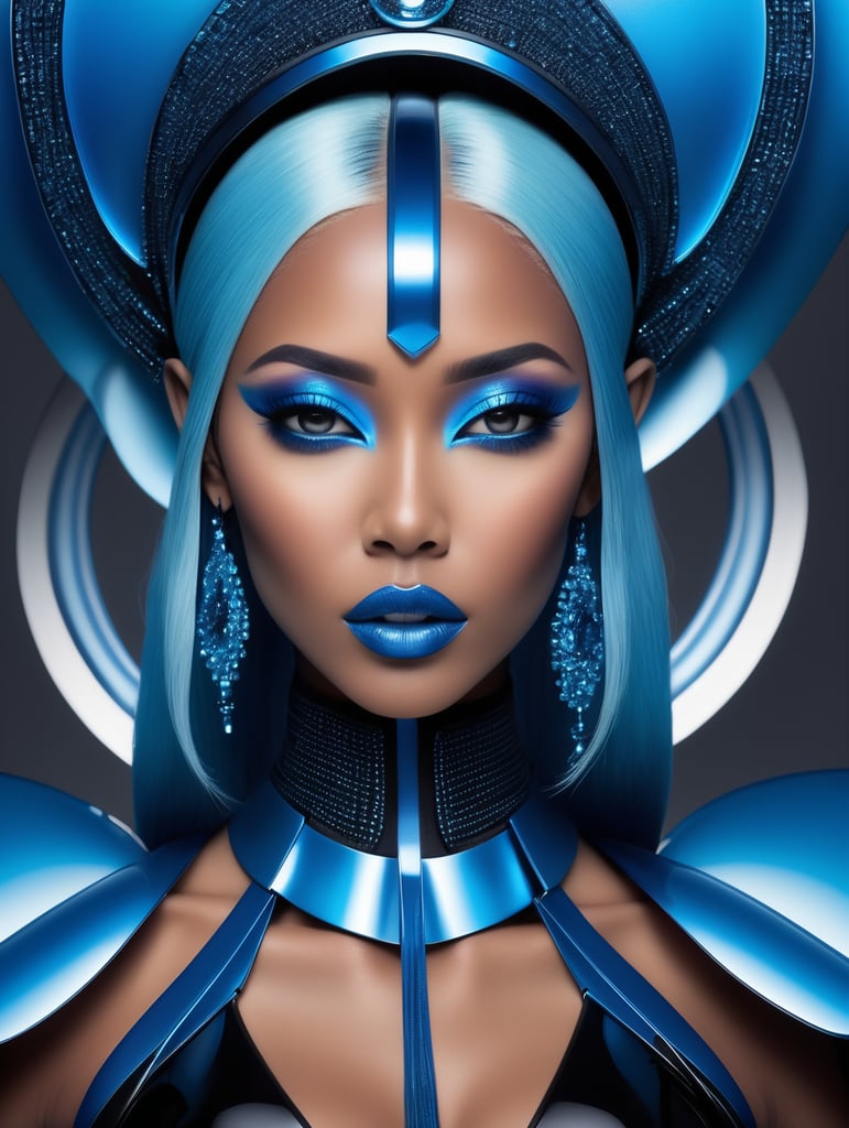 A beautiful blue haired size 9 black female pop artist all blue sleek futuristic outfit, with huge headpiece center piece, clean makeup, with depth of field, fantastical edgy and regal themed outfit, captured in vivid colors, embodying the essence of fantasy, minimalist, film grain