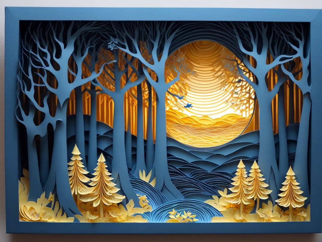 surreal forrest small trees with an overall color of light blue with bursts of light pale yellow