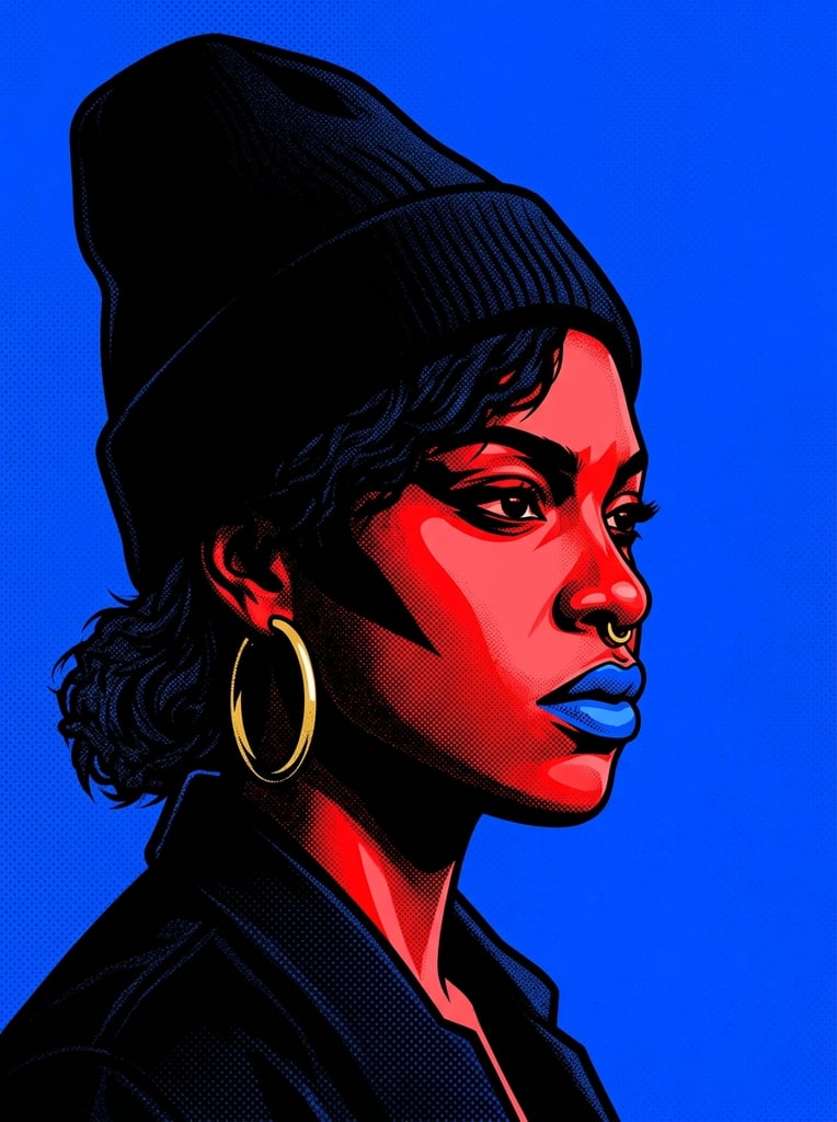 stylized pop-art portrait of a person in three-quarter profile facing right, high-contrast graphic illustration, bright royal blue background, deep black silhouette dominating the form, vivid red highlights illuminating the cheek and nose, striking bright blue lips matching the background, large gold hoop earrings, gold septum nose ring, tall dark beanie, dramatic flat lighting, stippled halftone texture blending the black and red areas, bold vector art aesthetic, minimalist composition, sharp edges, vivid primary color palette, intense expression