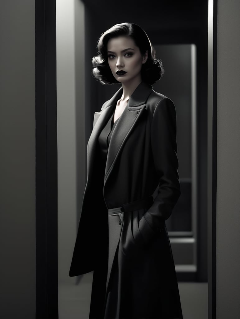Dark film noir, black and grey, scene, female