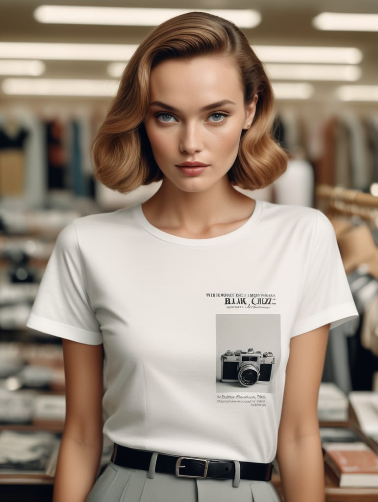 Extremely detailed photographic image, grained image, beautifully composed, monochrome image, 50's fashionable image, fashionable magazine photography, leica summicron 35mm f2.0, kodak 400tx, fashion photography, fashionable model, william s. burroughs, Woman wearing blank white T-Shirt in Clothing Store Mockup, mock up