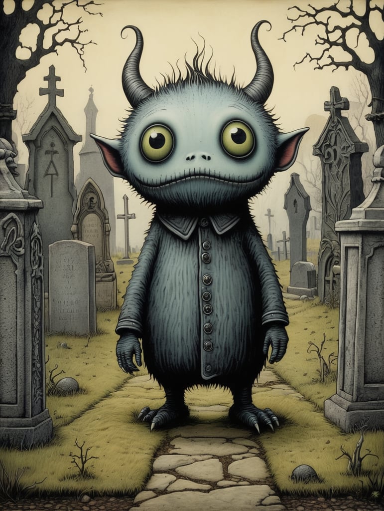 John Kenn Mortensen style ground level shot, incredibly detailed front shot painting of a cute whimsical monster in a graveyard,