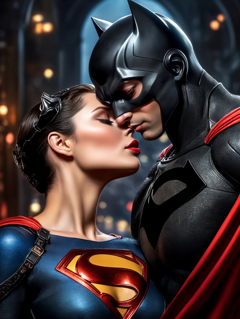 Superman kissing catwoman, bright and saturated colors, elegant, highly detailed, vogue, fashion magazine, sharp focus, dramatic lighting, depth of field, incredibly high detailed, blurred background'