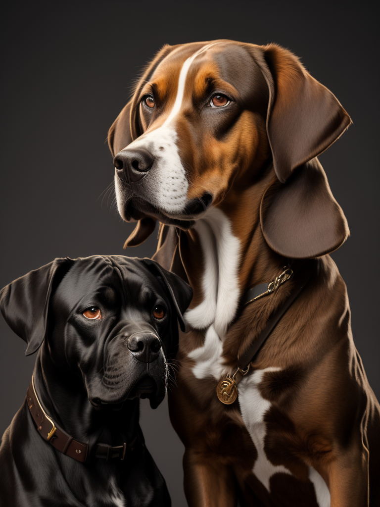 create a portrait of 2 dogs, one is a black cane corso and amstaff mix, the other one is small size mix between a setter and a cocker, reddish medium long hair