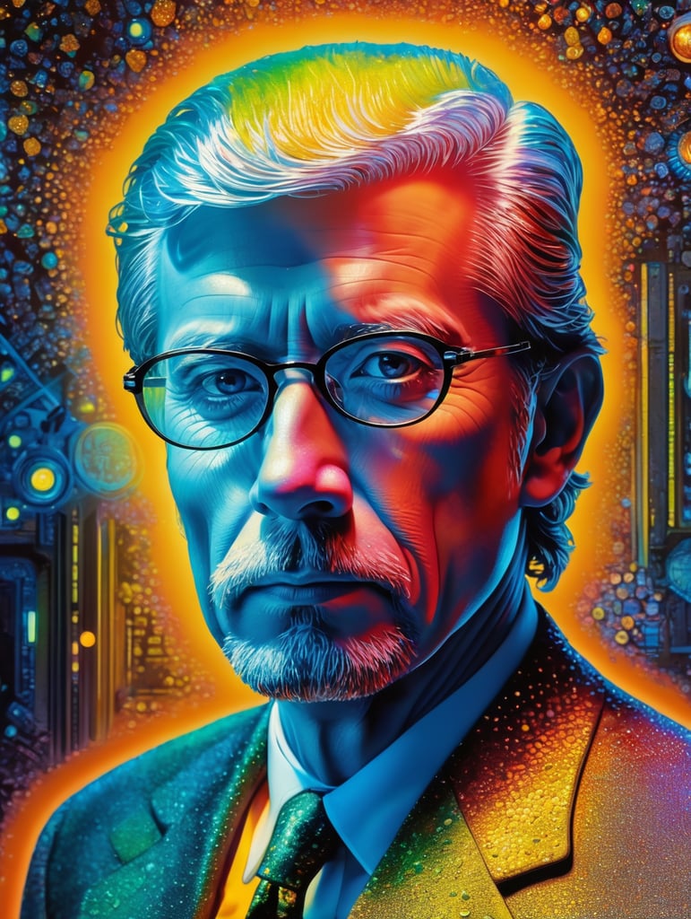 Fine Art Fluorescent Pointillism Sci-fi Surrealism Photography, Futuristic Mickey Mouse, Portrait made of hyper-detailed transparent frosted plastic, Moebius Bernard Buffet, van Gogh, Vermeer, Erin Hanson, Pierre Soulages, National Geographic, textured depth, vibrant fluorescent hyperrealism photo