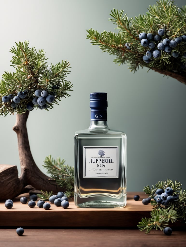 professional photography of a square gin bottle, square bottle, surrounding a juniper and juniper berries, one shot of gin in a front, no label, clear, mockup