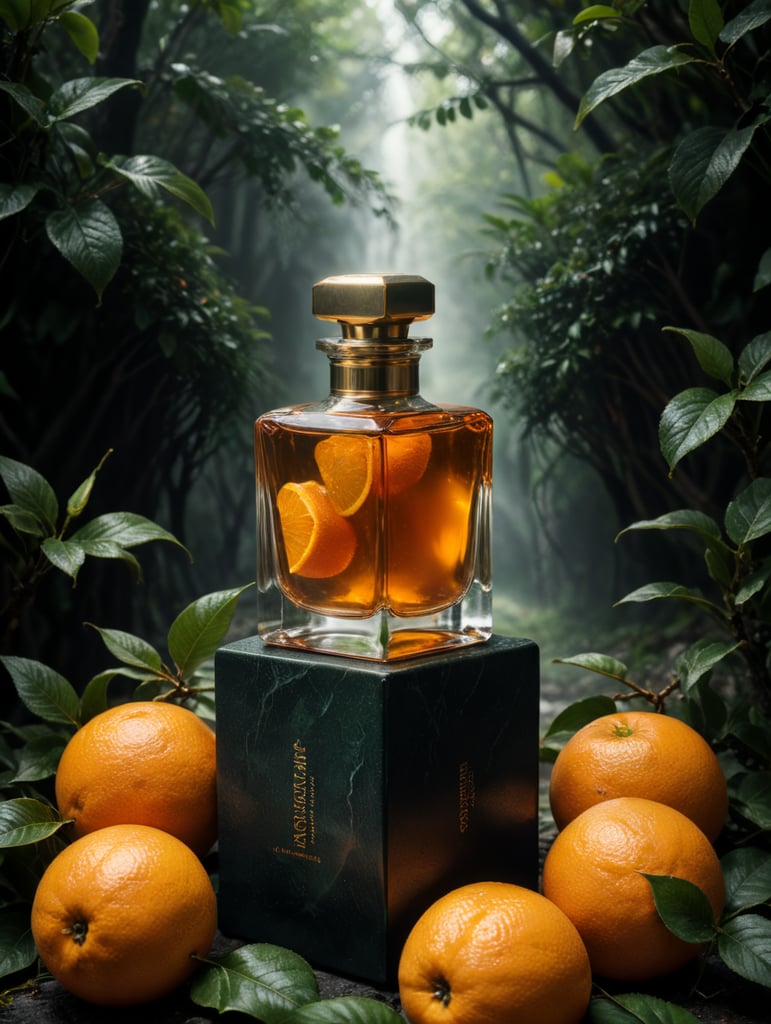 professional photography of a luxury perfume, orange fruits around, orange forest, green satin scarf, no label, clear, mockup