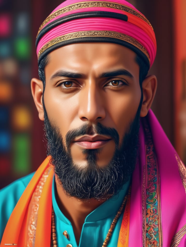 ortrait of muslim men , ultra realism, super detailed, neon colors, magazine cover, professional shot, magazine photography, bright saturated colors, sharp focus, highly detailed