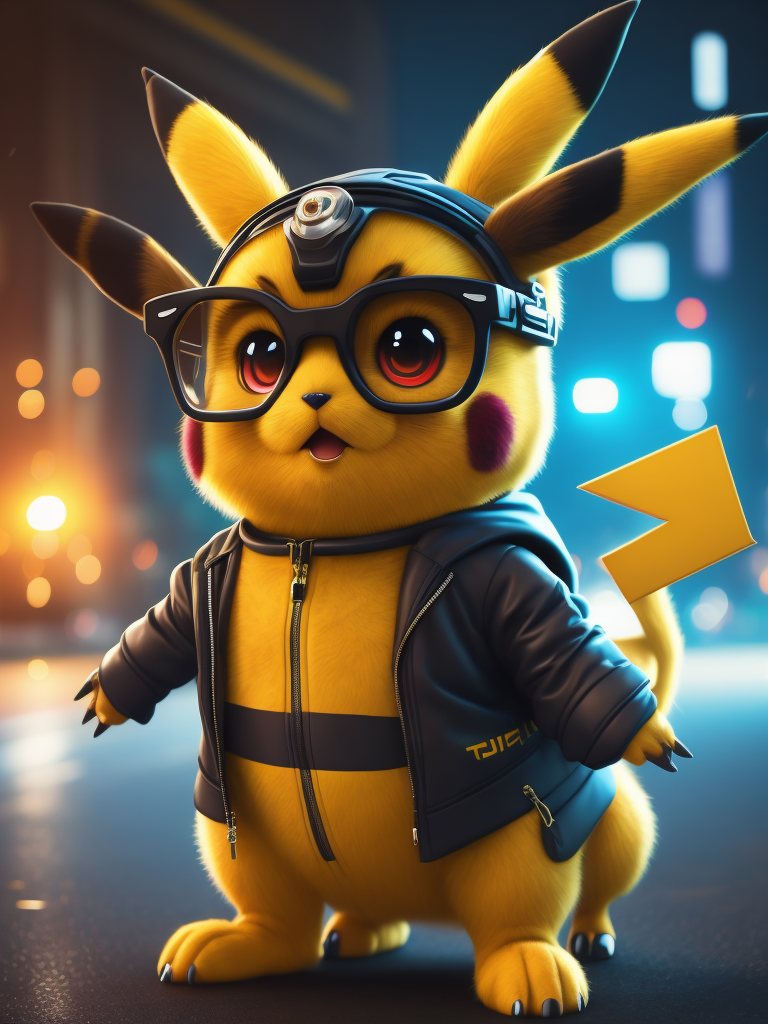 cute stylish Pikachu dressed in stylish futuristic sportswear clothes, big sneakers and a futuristic glasses