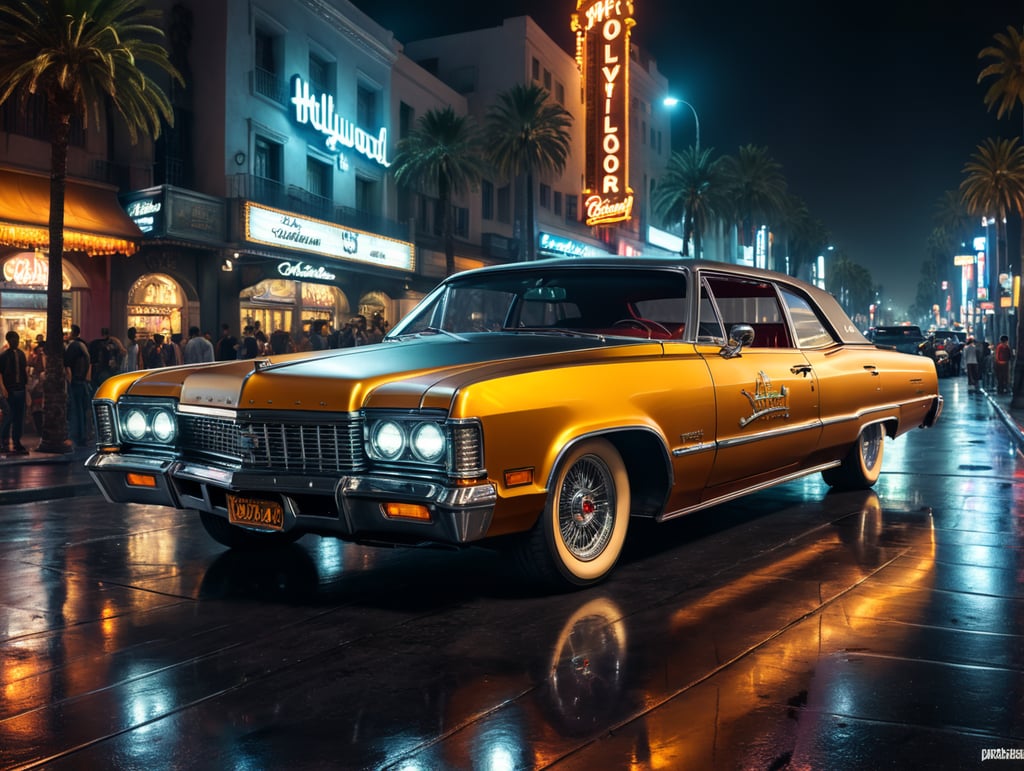 Lowrider car on hollywood boulevard by night