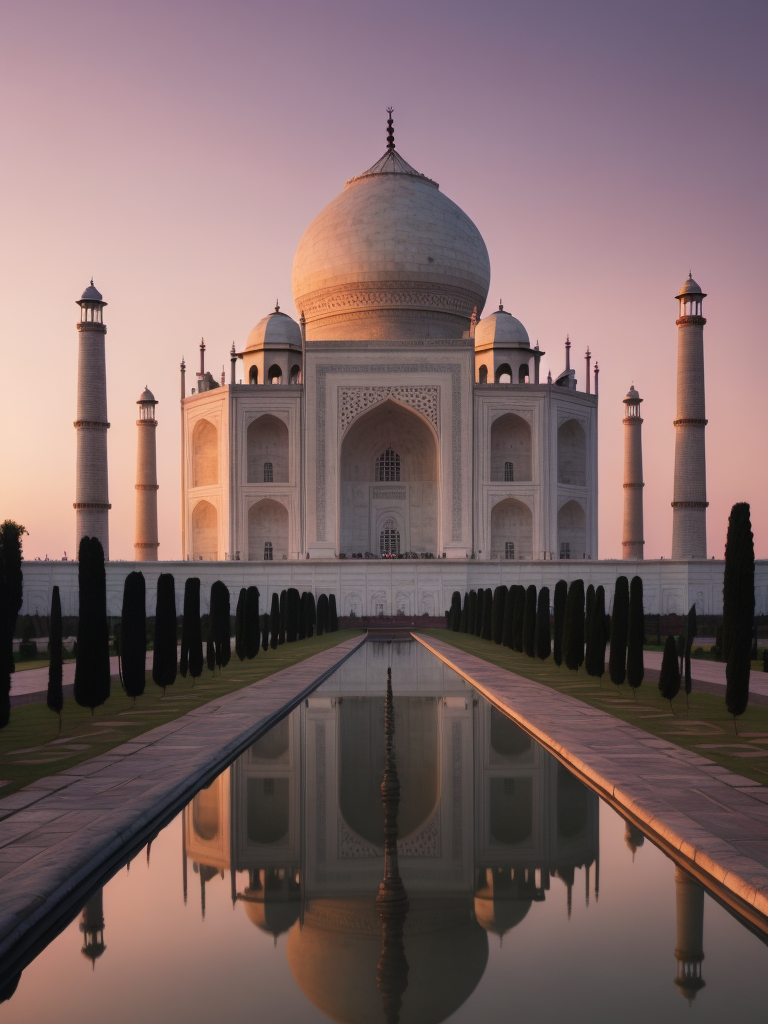 Taj Mahal, pink purple sunset,