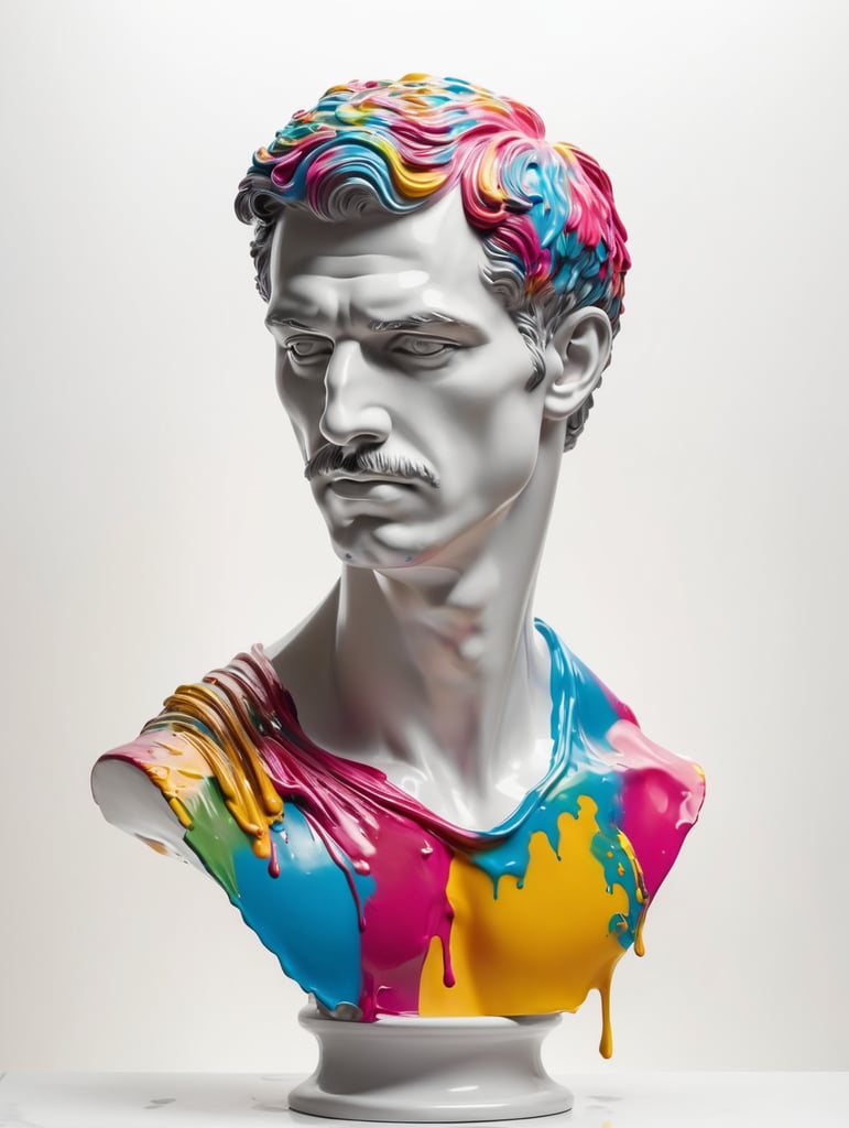 greek male bust with colorful paint, melted, the paint is flowing, aesthetic background