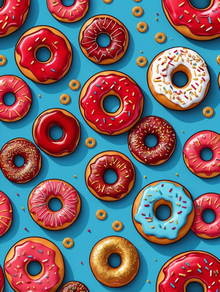 Donut Doodle Image, blue background, red donut, glazed, melted gold, vector, free download