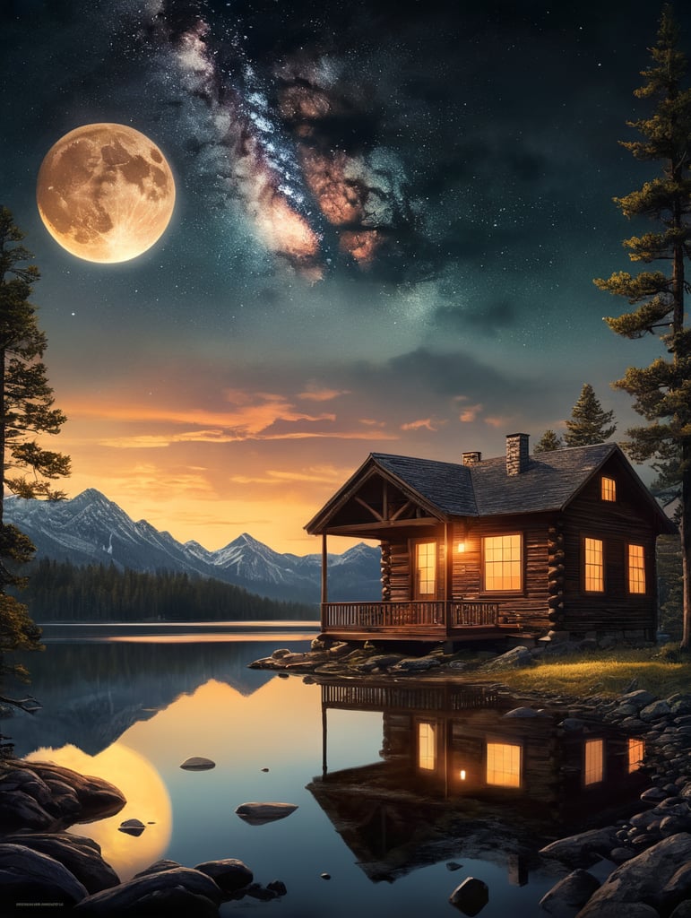 A vintage-style movie poster for "Chasing Shadows," featuring a night sky filled with stars as the backdrop. In the foreground, there's a serene moonlit lake, reflecting the starry night. On the lake's edge, there's an old cabin, warmly illuminated from within. The focal point of the poster is a celestial phenomenon—a bright, fiery comet, meteor, or fireball streaking across the sky, capturing the moment of impact. Around the cabin and near the lake's edge, there are shadowy figures, partially obscured and ambiguous, leaving viewers uncertain about their nature—human or otherworldly. The poster has a dark and moody color palette with a vintage sepia tone or desaturated colors. It should have a textured, worn appearance to evoke nostalgia. The title, "Chasing Shadows," is displayed in a classic, vintage-style font reminiscent of 80s horror movies. A mysterious tagline, "They Came from the Stars. Secrets from the Shadows," is placed below the title, adding to the intrigue.